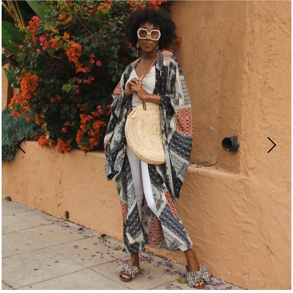 Jennafer Grace Handmade Belted Kimono Duster In Earl Grey Scarf Patchwork Boho L - Picture 5 of 11